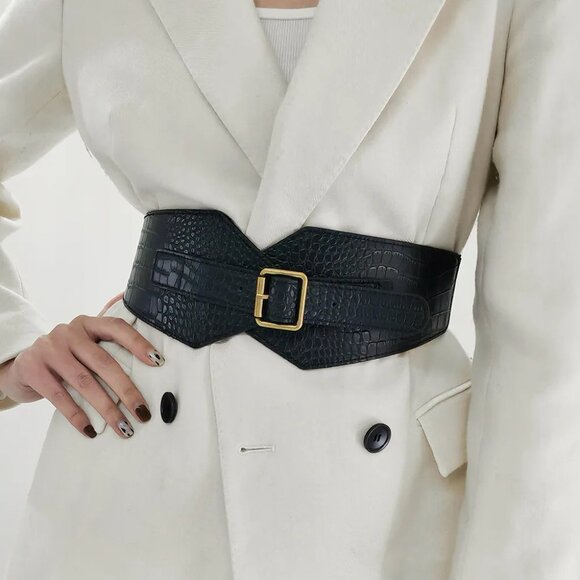 2/$30 Black Crocodile Embossed Wide Waist Belt Gold Buckle Cincher Dress Tunic - Picture 8 of 8